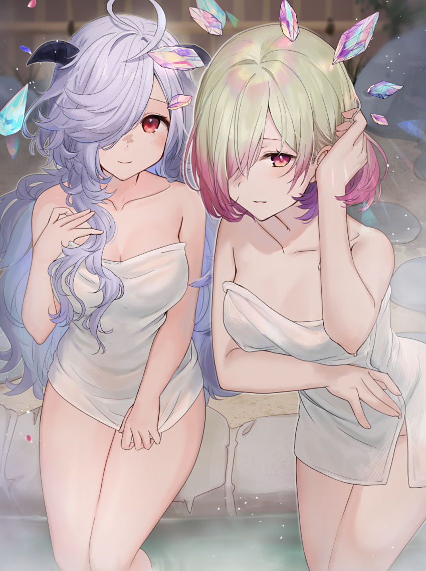 1girls 2girls ahoge breasts cleavage eitr_(fire_emblem) facial_mark female female_only fire_emblem fire_emblem_heroes floating floating_object gradient_hair green_hair grey_hair hair_over_one_eye haru_(nakajou-28) highres kvasir_(fire_emblem) leaning_forward long_hair looking_at_viewer medium_breasts multicolored_hair multiple_girls naked_towel nintendo onsen red_eyes red_hair short_hair sitting smile thighs towel two-tone_hair very_long_hair