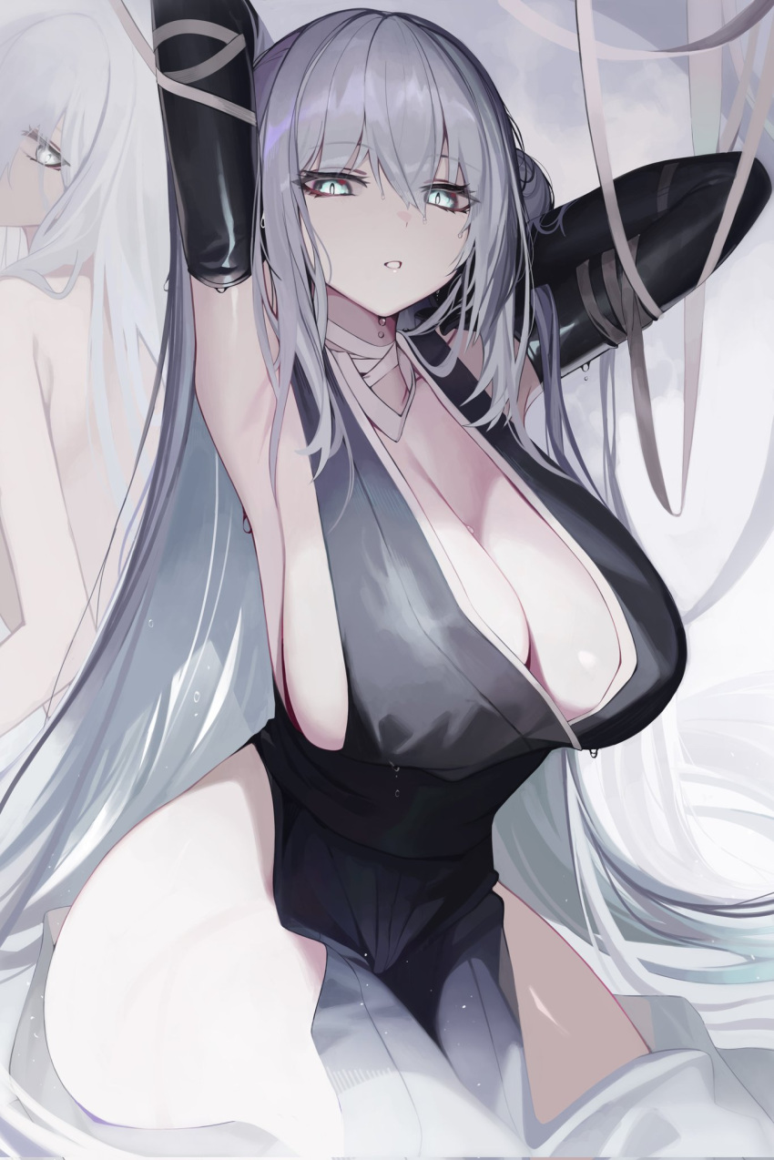 arms_up breasts cleavage curvy dress elbow_gloves female_only grey_eyes grey_hair huge_breasts long_hair looking_at_viewer ness_(pjw0168) ninja sitting solo