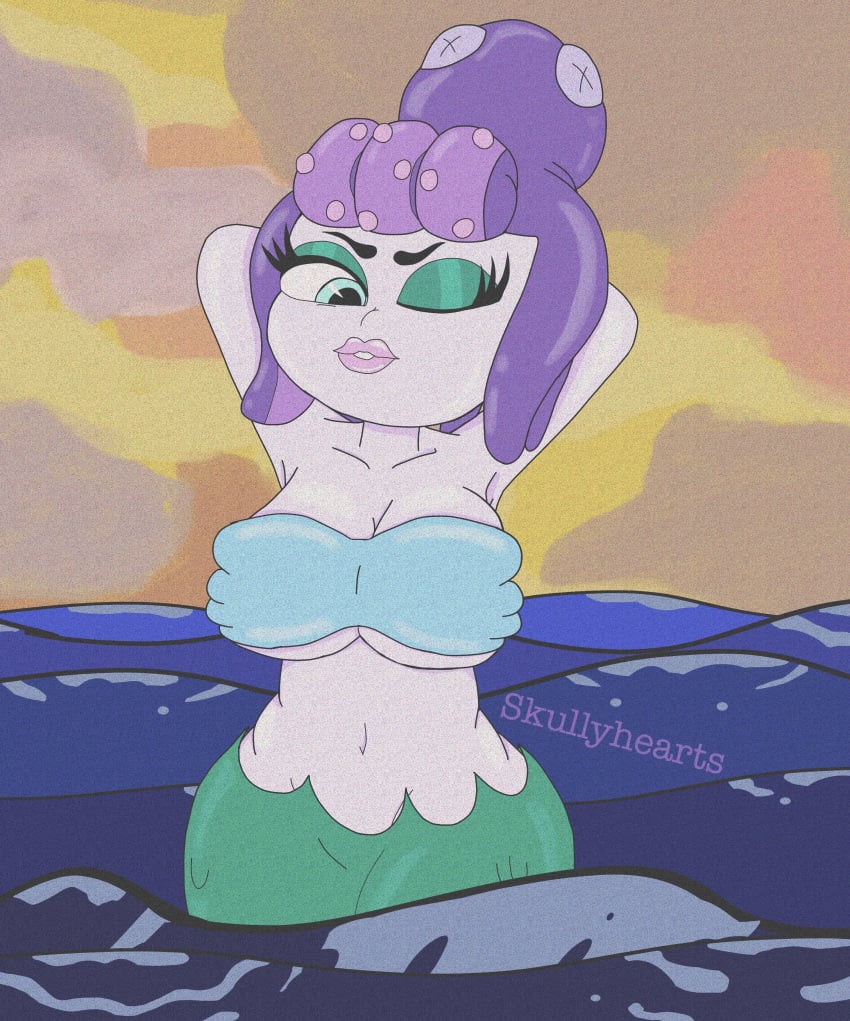 1girls barely_clothed barely_contained big_breasts bra cala_maria chubby cuphead_(game) giantess gigantic_breasts mermaid plump_lips sea skullyhearts thick_thighs wink