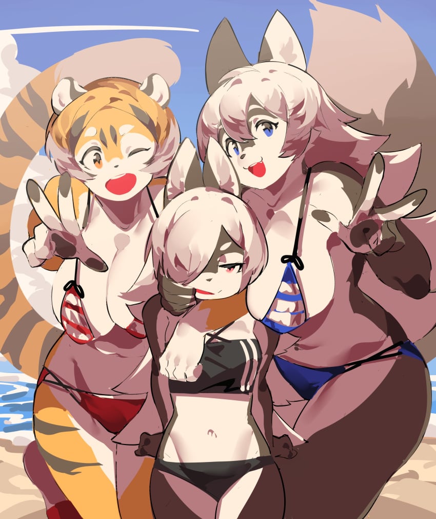 3girls big_breasts bikini breasts cleavage feline female furry huge_breasts mx99926 tagme tiger tiger_girl waai_fu_(arknights)