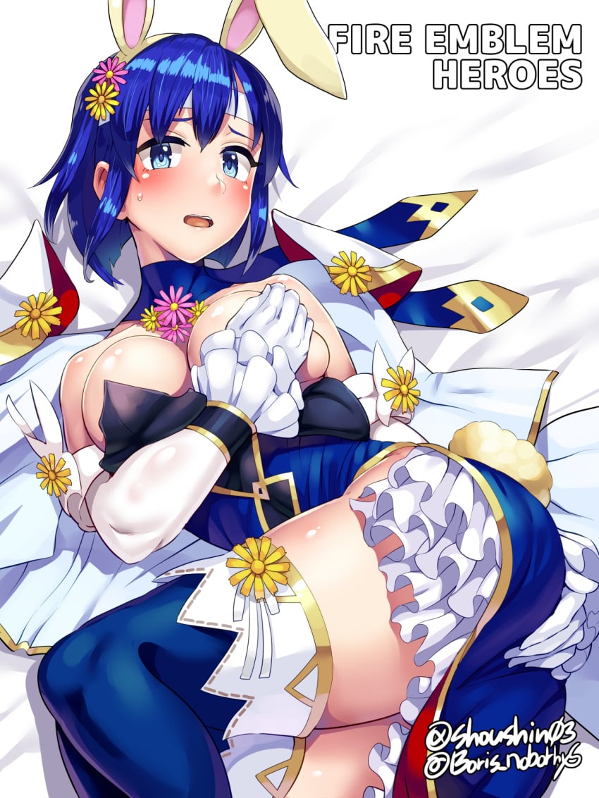 bangs bare_shoulders bed_sheet blue_eyes blue_hair blush boris_(noborhys) breasts bunny_ears catria_(fire_emblem) catria_(spring)_(fire_emblem) covering covering_breasts embarrassed fire_emblem fire_emblem:_mystery_of_the_emblem fire_emblem:_shadow_dragon_and_the_blade_of_light fire_emblem_heroes gloves hairband legwear looking_at_viewer mouth_open nintendo on_bed short_hair spring thighhighs