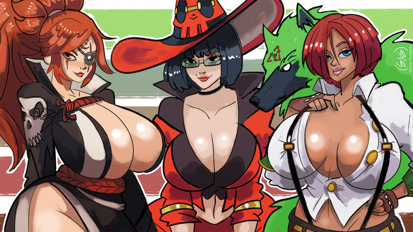 3girls baiken big_breasts big_butt big_lips black_hair blue_eyes brazilian brazilian_female breasts breasts_bigger_than_head breasts_squeezed_together breeches busty chocker cleavage cleavage_cutout cleavage_overflow clothed crossover curvy curvy_female curvy_figure eyepatch female female_focus female_only giovanna_(guilty_gear) glasses guilty_gear guilty_gear_strive huge_breasts i-no midriff mister_feelgood mole multiple_girls open_shirt pale_skin pale_skinned_female ponytail red_hair rockstar samurai scar shirt shirt_open skirt tanned_female tanned_skin thick_thighs thighs trio video_games voluptuous voluptuous_female wide_hips witch witch_costume witch_hat wolf