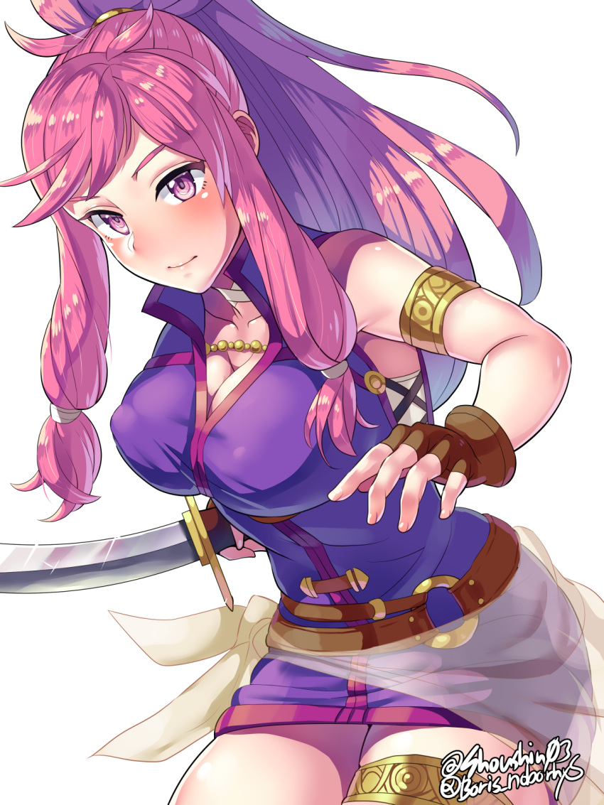 big_breasts boris_(noborhys) breasts clothed female female_focus female_only fire_emblem fire_emblem:_the_sacred_stones gloves human long_hair looking_at_viewer marisa_(fire_emblem) nintendo pink_eyes pink_hair smile solo solo_focus sword