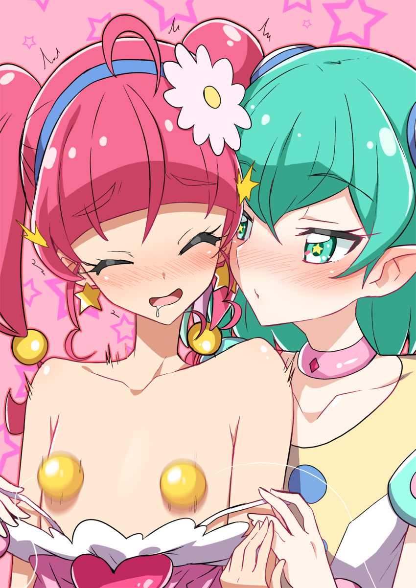 2girls ahoge aqua_eyes aqua_hair bare_shoulders blue_hairband blush choker closed_eyes clothing collarbone earrings flat_chest hagoromo_lala hairband highres hoshina_hikaru jewelry looking_at_another multiple_girls nipple_tweak open_mouth pink_background pink_choker pink_hair pointy_ears precure pretty_cure saliva short_hair star star-shaped_pupils star_earrings star_twinkle_precure starry_background symbol-shaped_pupils twintails upper_body yellow_earrings yuri yuto_(dialique)