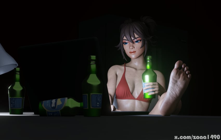 3d alcohol black_hair blender blue_eyes bra dirty drinking feet feet_up foot_fetish fortnite fortnite:_battle_royale laptop soles swimsuit the_machinist_(fortnite) zaaa1490