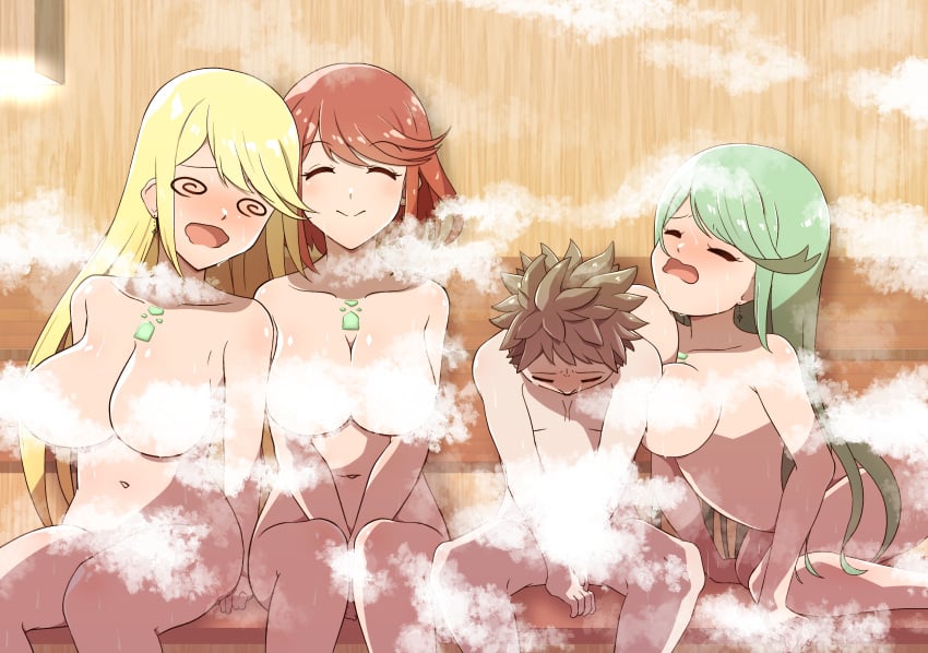 1boy blonde_hair breasts brown_hair core_crystal green_eyes knocked_out multiple_girls mythra nintendo nudity onsen pneuma_(xenoblade) polygyny pyra red_hair rex_(xenoblade) steam_censor stream xenoblade_(series) xenoblade_chronicles_2 yakisobataberyu