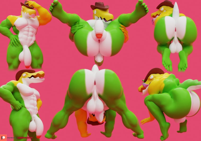 3d_(artwork) all_fours anthro ass ass_up balls belly big_penis butt_focus camseven candy clothing cowboy_hat crouching dessert digital_media_(artwork) food food_creature front_view genitals glitch_productions green_body gummigoo_(the_amazing_digital_circus) gummy_(food) gummy_creature hat headgear headwear hi_res humanoid_genitalia living_candy looking_away low-angle_view male male_only muscular penis perineum rear_view small_tail solo spiked_tail spikes spikes_(anatomy) spread_legs spreading tail the_amazing_digital_circus white_belly yellow_body