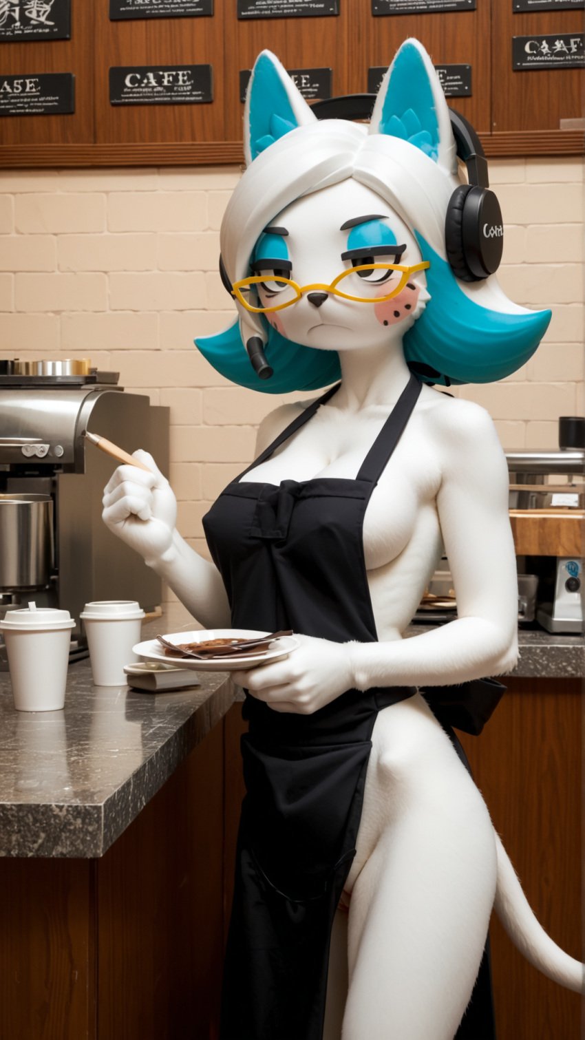 ai_generated anthro apron blue_hair breasts cafe cat_ears cat_tail covered_nipples facial_markings female glasses headphones holding_object indoors karen_(smg4) marusame pony_realism(model) public public_nudity pussy_peek realistic sideboob smg4 stable_diffusion starbucks two-tone_hair unamused white_fur