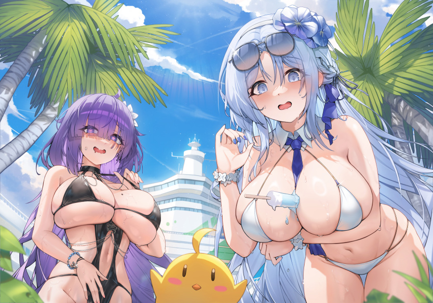 2girls alsace_(azur_lane) alsace_(heat-beating_summer_sacrament)_(azur_lane) azur_lane bikini blue_eyes blue_hair breasts female huge_breasts light-skinned_female light_skin long_hair mogador_(azur_lane) mogador_(locker_room_lechery)_(azur_lane) morung naughty_face purple_eyes purple_hair