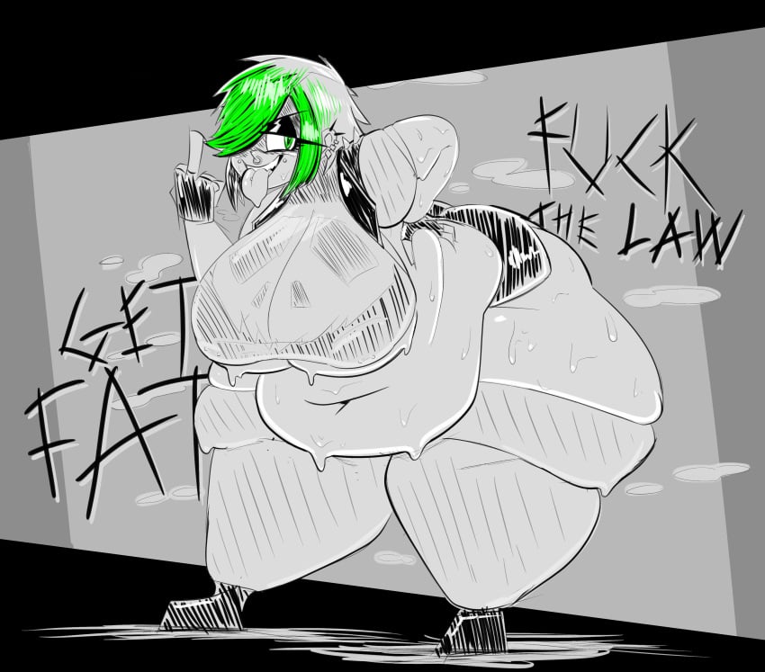 1girls belly belly_overhang big_breasts breasts dipsheet fat_rolls female green_hair sweat sweaty_body text thick_thighs thighs tongue_out