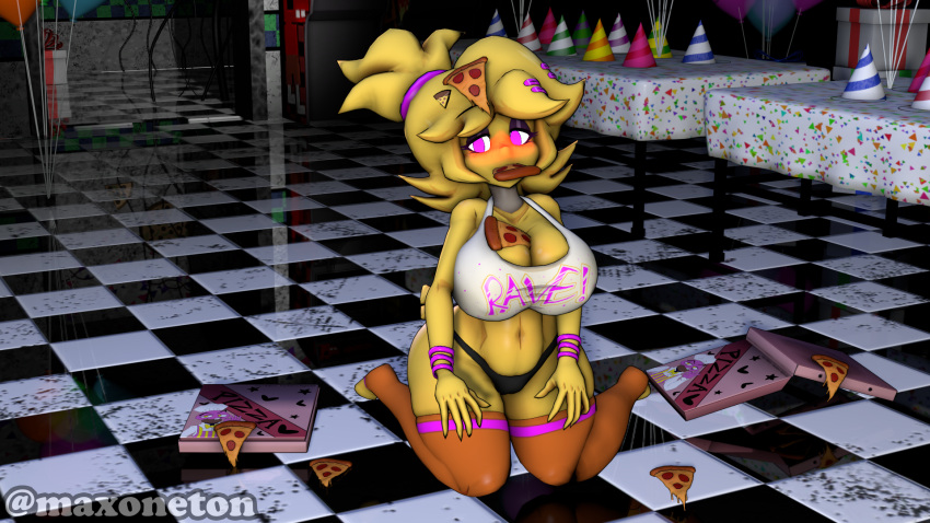 big_breasts breasts cally3d chica_(cally3d) chica_(fnaf) chiku chiku_(cryptia) cleavage cryptiacurves female_focus five_nights_at_freddy's furry pizza solo thick_thighs