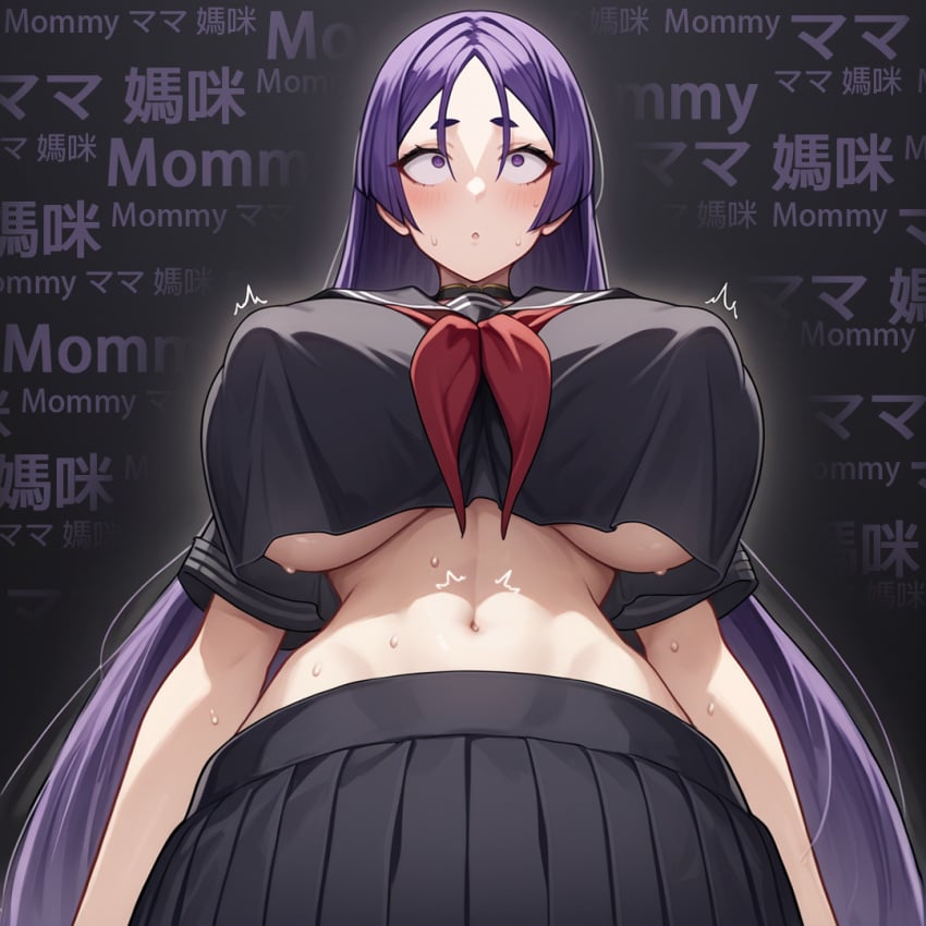 1girls ai_generated big_breasts breasts covered_nipples fate/grand_order fate_(series) female huge_breasts kao140522 long_hair minamoto_no_raikou_(fate) minamoto_no_raikou_(fate/grand_order) purple_eyes purple_hair school_uniform serafuku skirt solo sweat tight_clothing underboob