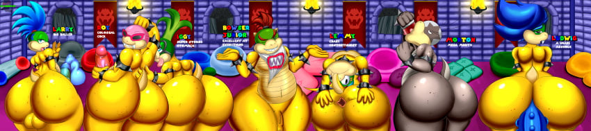 absurd_res anal anal_sex anus ass backsack balls big_ass big_butt big_dildo big_penis blue_hair bowser_jr. brown_scales bubble_butt condom cushion dildo femboy flexible girly green_hair hair hi_res huge_ass huge_butt iggy_koopa koopa koopaling large_ass larry_koopa lemmy_koopa looking_at_viewer ludwig_von_koopa male male_only mario_(series) morton_koopa_jr. nintendo nobody147 nude penetration penis red_hair roy_koopa scales scalie sex_toy spread_anus spread_butt spreading super_mario_bros. take_your_pick thick_thighs video_games wide_hips yellow_scales