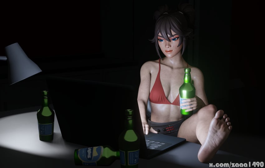 3d alcohol black_hair blender blue_eyes bra dirty drinking feet feet_up foot_fetish fortnite fortnite:_battle_royale laptop shorts soles swimsuit the_machinist_(fortnite) zaaa1490