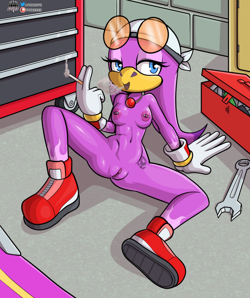 anthro avian bird blue_eyes breasts clothing female footwear footwear_only fours_(artist) genitals hi_res hirundinid jewelry mostly_nude naked_footwear necklace nipples nude oscine passerine purple_body pussy sega shoes shoes_only smoking solo sonic_(series) sonic_riders sonic_the_hedgehog_(series) swallow_(bird) tattoo wave_the_swallow