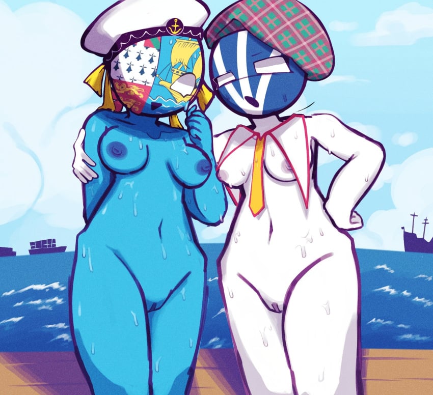 2girls blue_body boat breasts clouds countryhumans countryhumans_girl duo duo_focus first_porn_of_character hat headwear multiple_girls naked_female newfoundland_and_labrador_(countryhumans) nude ocean saint_pierre_and_miquelon_(countryhumans) ship sleepserumm statehumans statehumans_girl territoryhumans water white_body white_eyes