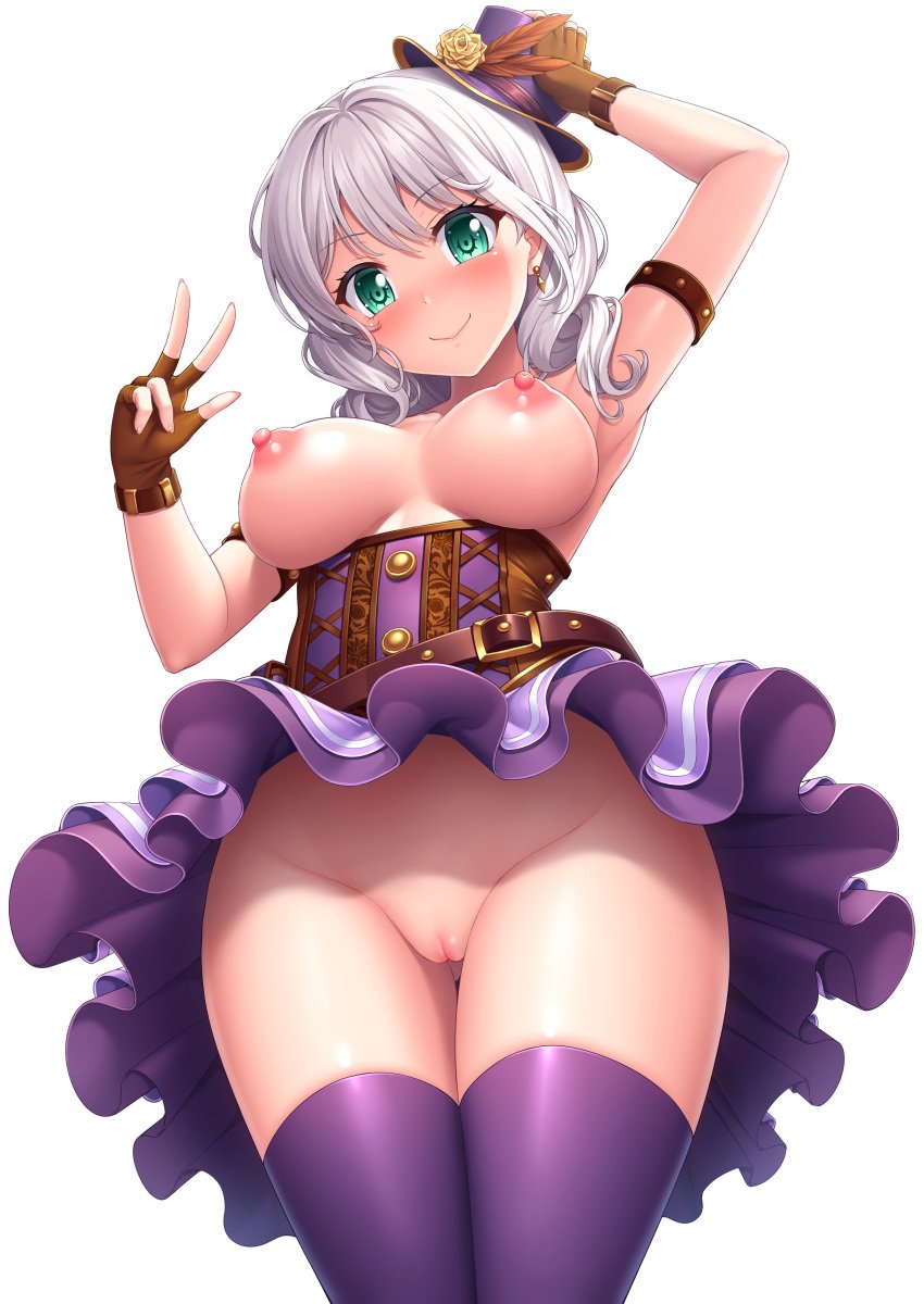 bang_dream! blue_eyes corset green_eyes innie_pussy lambda_(kusowarota) nipples nopan pussy silver_hair thighhighs uncensored upskirt wakamiya_eve white_hair