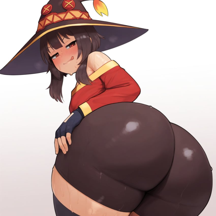 1girls ai_generated ass ass_focus back_view big_ass bike_shorts blush brown_hair female_only huge_ass kono_subarashii_sekai_ni_shukufuku_wo! legs long_hair looking_at_viewer megumin shorts smesh_(artist) smile solo thick_thighs thighs