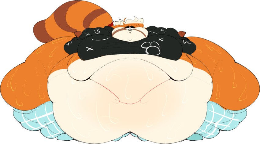 anthro bbw belly clothing fat female furry hyper hyper_fat maddie_(maddiesbad) morbidly_obese morbidly_obese_female orange_fur red_panda ssbbw sweat sweaty sweaty_butt