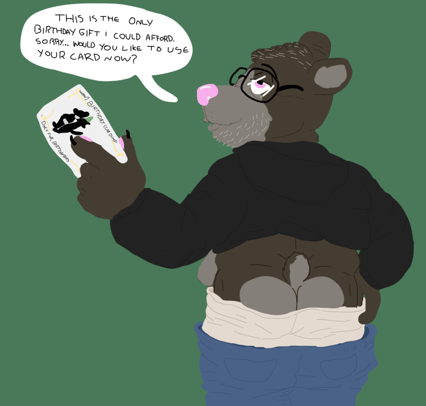 2024 anthro ass bear bottomwear clothing dialogue english_text eyewear geuremon glasses hi_res humanoid_hands male mammal overweight overweight_male pants pink_nose solo text underwear