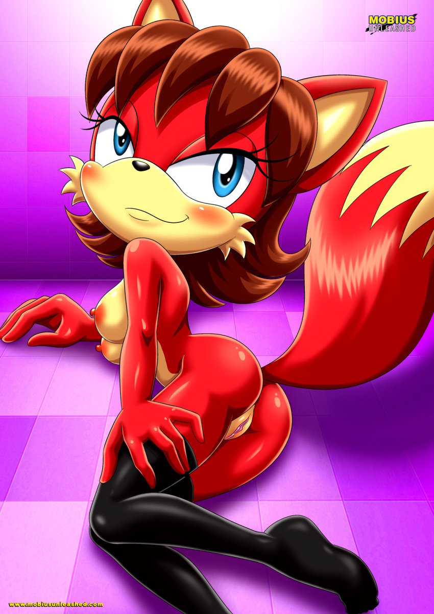 1girls anthro ass bbmbbf blush breasts brown_hair female female_only fiona_fox fox fur mobius_unleashed nipples nude palcomix pussy red_fur sega solo sonic_(series) sonic_the_hedgehog_(series) stockings