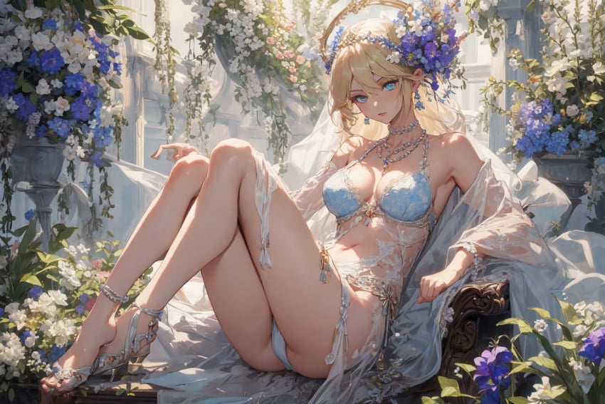 aged_up ai_generated aura_bella_fiora blonde_hair blue_eyes bra dolph_(artist) earrings elf elf_ears elf_female flowers flowers_on_head medium_breasts necklace overlord_(maruyama) panties see-through short_hair