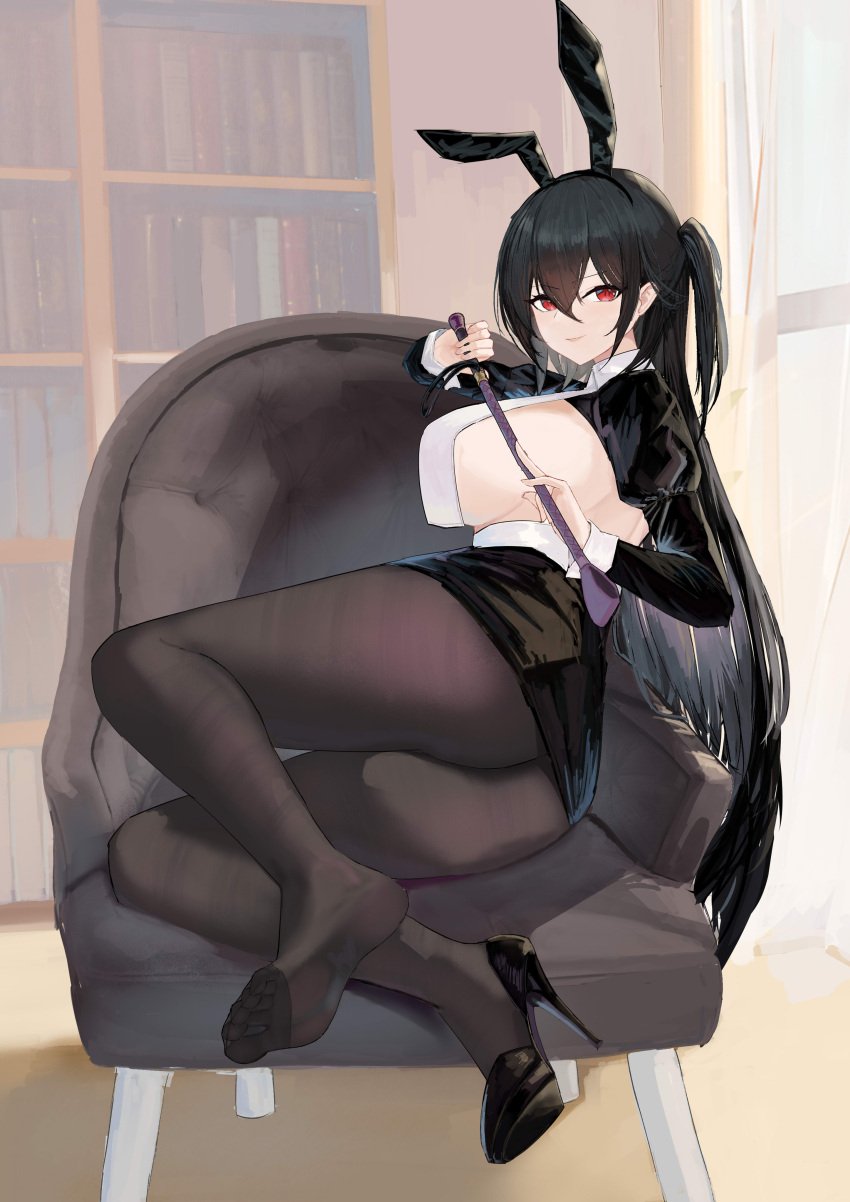 1girls absurdres animal_ears azur_lane black_footwear black_hair black_pantyhose bow bowtie breasts chair fake_animal_ears feet female female_only high_heels highres legs leotard light-skinned_female light_skin long_hair looking_at_viewer no_bra pantyhose playboy_bunny rabbit_ears red_eyes sakura_empire_(azur_lane) sideboob soles solo suo_bu_ye_feng taihou_(azur_lane)