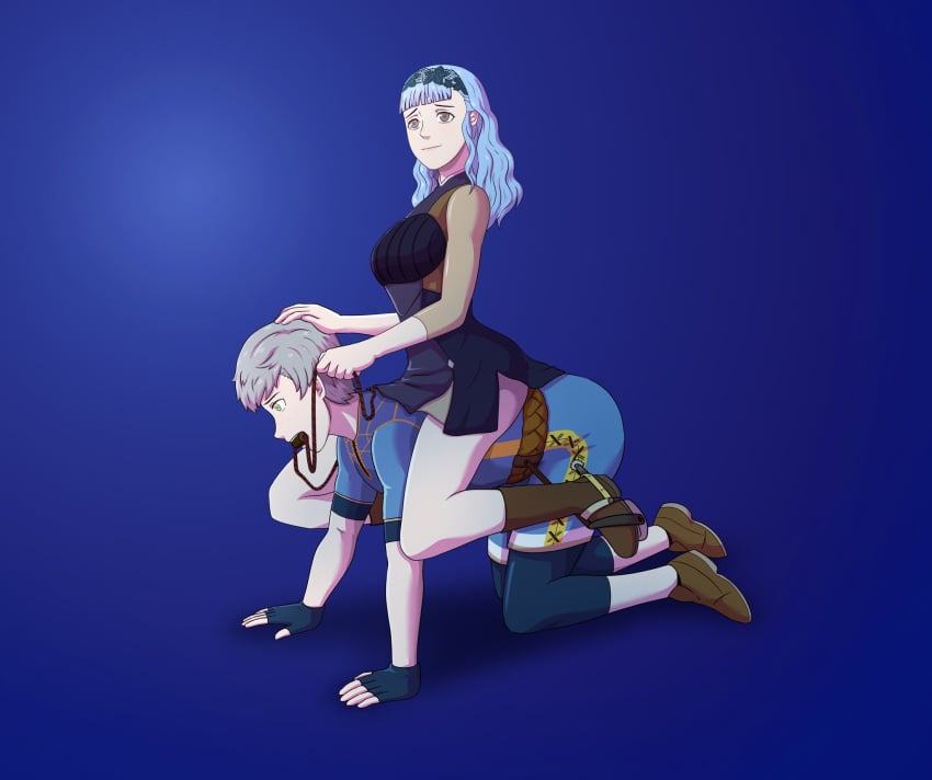 1boy 1girls absurdres all_fours alternate_costume alternate_hairstyle ashe_ubert bdsm bit_gag blue_hair breasts female femdom fire_emblem fire_emblem:_three_houses fire_emblem_warriors:_three_hopes gag gagged highres horseback_riding male malesub marianne_von_edmund medium_breasts nintendo official_alternate_hairstyle petplay ponyplay reins ridalred riding riding_boots roleplay sitting sitting_on_person spurs