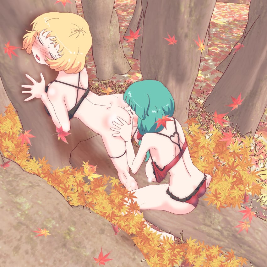 2girls aki_minoriko ass bikini blonde_hair blush closed_eyes cunnilingus from_above front_ponytail green_hair hand_on_another's_ass highres kagiyama_hina medium_hair multiple_girls non_(z-art) oral outdoors red_bikini short_hair swimsuit touhou tree yuri