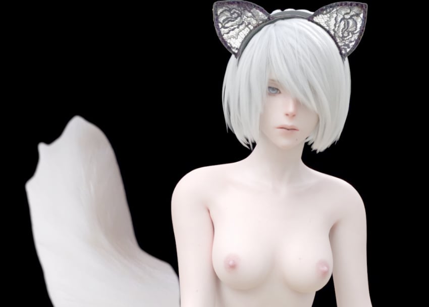 3d anal beauty_mark birthmark blue_eyes breasts breasts butt_plug butt_plug_tail cat_ears cat_tail hairband lips nier nier:_automata nier_(series) nipples pale-skinned_female pale_skin realistic septum_piercing septum_ring white_hair yorha_2b