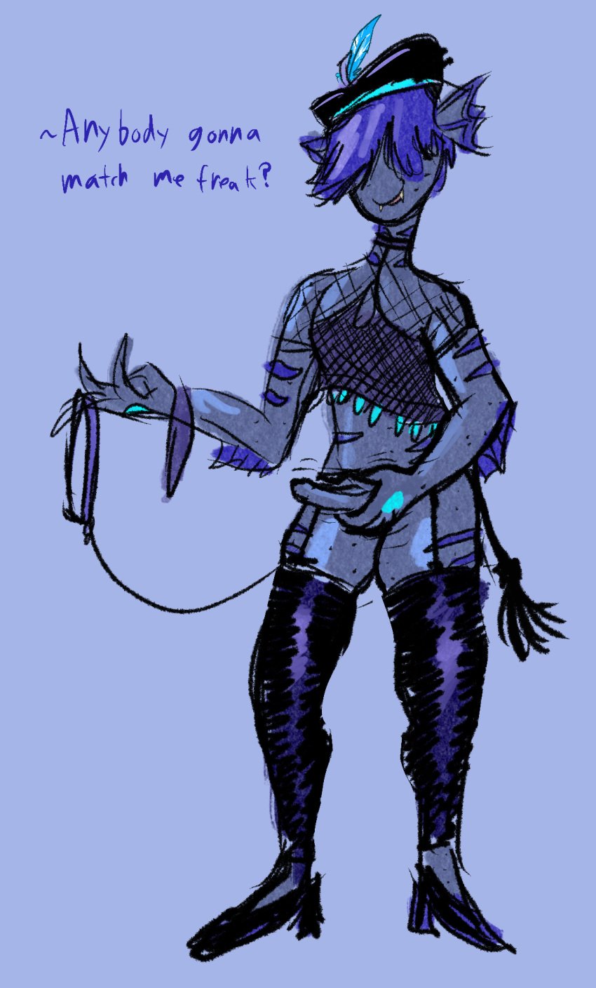 anthro bdsm_gear blue_body blue_skin bondage clothing collar dialogue fin fish fishnet_clothing genitals hair hair_over_eye hat headgear headwear hi_res humanoid implied_bondage latex latex_clothing marine match_my_freak moray_(undertale_yellow) nude one_eye_obstructed penis saphreen scalie sharp_teeth solo stripes teeth undertale undertale_(series) undertale_yellow whip