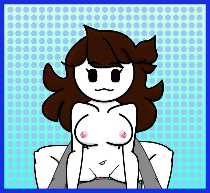 1girl 1girls belly_button blue_border breasts brown_hair completely_nude cowgirl_position fake fake_video jaiden jaiden_animations medium_breasts nipples nude nude_female nude_female_nude_male pov pussy skibidi smug_face tagme timblouq