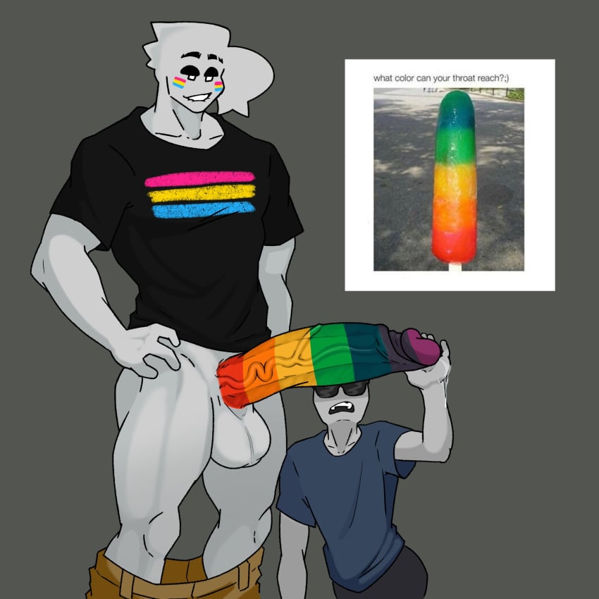 balls big_balls big_penis bitting_lip bottomless cock_out colorful_penis duo gay gazo_(lewdzomi) huge_cock lewdzomi male pants_down penis penis_out precum presenting_penis pride_colors rainbow size_difference touching_penis