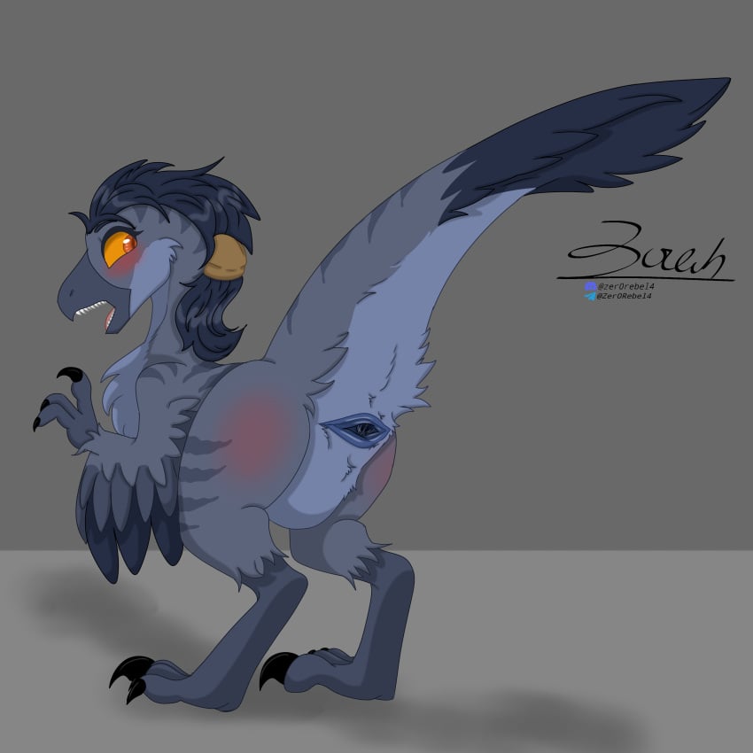 2024 3_fingers 3_toes absurd_res ally_(zer0rebel4) alternate_form anatomically_correct anatomically_correct_cloaca anatomically_correct_feral anatomically_correct_genitalia animal_genitalia ass beak biped bipedal_feral blue_body blue_feathers blue_markings blush body_blush butt_blush cloaca dinosaur discord_(app) dromaeosaurid extinct feather_hair feathers feet female feral fingers genitals hair hi_res looking_back markings orange_eyes orange_sclera ponytail prehistoric_species pseudo_hair raised_tail rear_view reptile scalie shocked sickle_claw solo tail talons teeth telegram theropod toes toothed_beak velociraptor winged_arms wings zer0rebel4