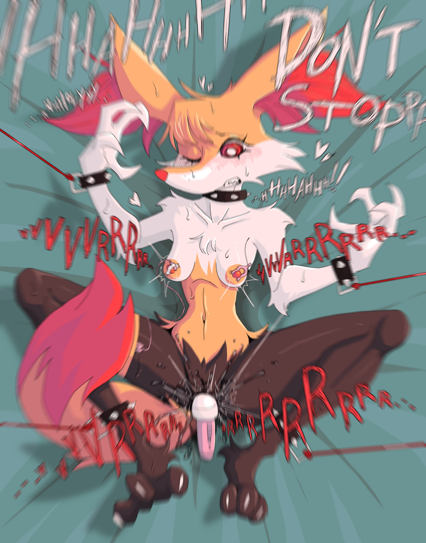 absurd_res ankles_tied anthro arms_tied bed blush bodily_fluids bound braixen breasts canid canine claws collar fangs female flustered fox furniture generation_6_pokemon genitals glistening glistening_body hi_res mammal nintendo nipple_clamp nipple_fetish nipple_play paws pokemon pokemon_(species) ponporio_(artist) pussy red_eyes sex_toy sharp_teeth solo spiked_collar spikes sweat tall teeth vibrator