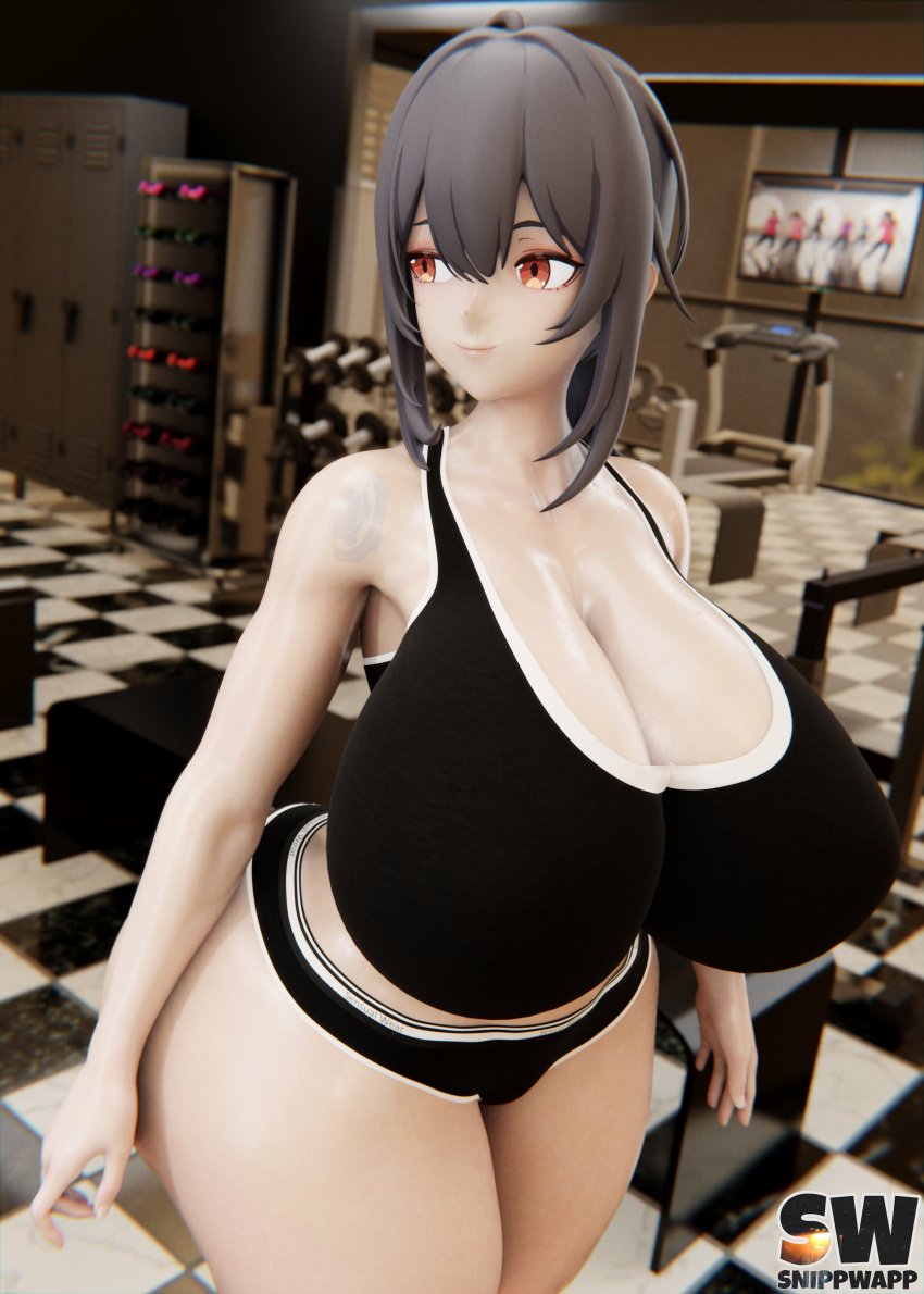 1girls 3d artist_logo big_breasts black_hair blender blender_(software) blender_eevee blender_eevee_next cleavage curvaceous curvaceous_body curvaceous_female curvaceous_figure curvy curvy_body curvy_female curvy_figure exercise_clothing exercise_equipment grace_howard huge_breasts mihoyo ponytail short_hair smile smiling_at_viewer snippwapp solo solo_focus treadmill voluptuous voluptuous_female zenless_zone_zero