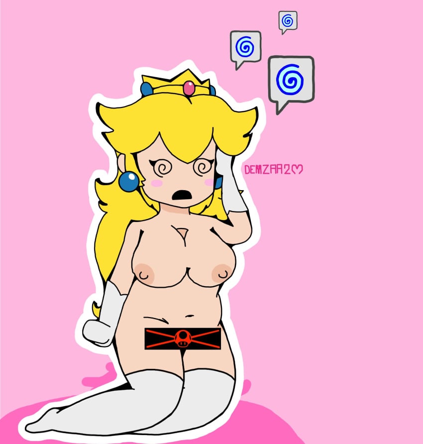 breasts chubby demzaa2 dizzy earrings gloves long_hair outline paper_peach partially_clothed princess_peach thighhighs yellow_hair