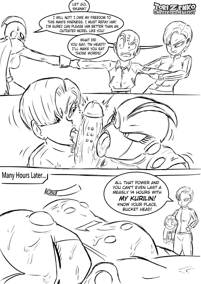 android_18 big_dick dialogue dragon_ball_super gamma_1 genderswap_(mtf) krillin kuririn licking_penis monochrome rule_63 sweetescapeartist threesome