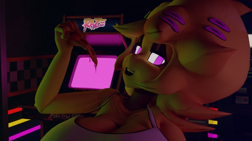 1girls 3d 3d_(artwork) cally3d chica_(cally3d) chica_(fnaf) chiku chiku_(cryptia) clazzey cryptiacurves fazclaire&#039;s_nightclub female female_only five_nights_at_freddy&#039;s food fredina&#039;s_nightclub holding holding_food holding_pizza looking_at_viewer open_mouth open_smile pizaa smile sobbysloth solo solo_female