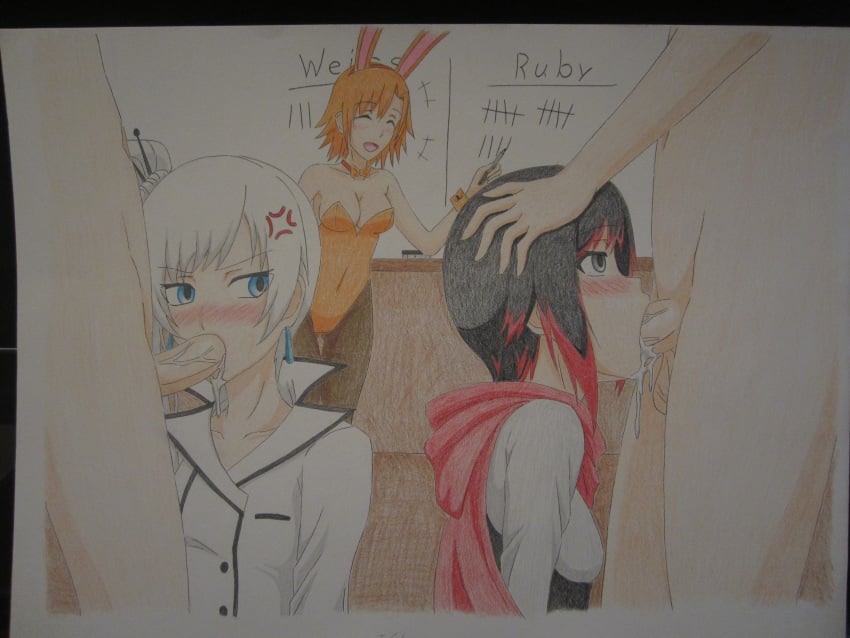 2boys 3girls angry being_watched black_hair blackboard board bunnysuit classroom competition contest cum cum_in_mouth fellatio female male multiple_boys multiple_girls nora_valkyrie oral rooster_teeth ruby_rose rwby score scoreboard submissive submissive_female tally_marks watching weiss_schnee white_hair whiteboard xxsgtcampbell