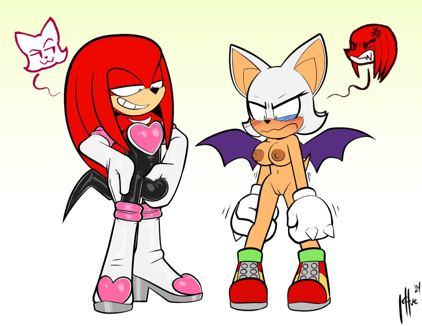 1boy 1girls balls breasts female knuckles_the_echidna male mind_swap nude outfit_swap pussy qqlettuce rouge_the_bat sonic_(series) tagme