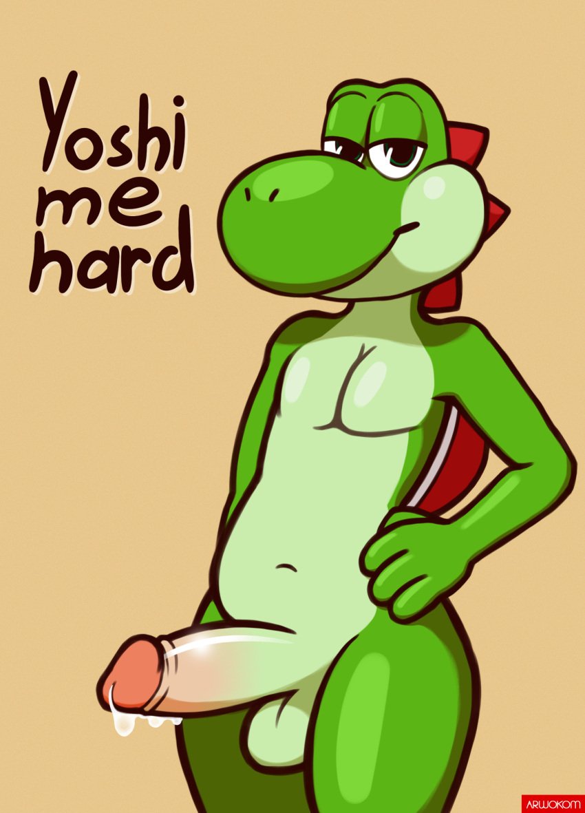 anthro arwokom balls belly big_penis green_yoshi hi_res humanoid_penis looking_at_viewer male male_only mario_(series) nintendo penis precum presenting retracted_foreskin scalie solo standing uncut video_games yoshi