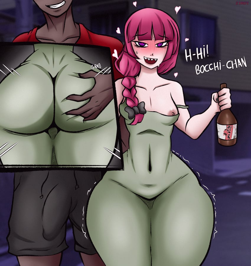 1boy 1girls anon bocchi_the_rock! bulge dark-skinned_male dress fat_ass glowing_eyes grabbing grabbing_ass hi_res hiroi_kikuri huge_ass nipple_slip nipples penis_bulge penis_under_clothes red_hair shivering small_breasts thick_ass thighs thin_waist wide_hips zirot