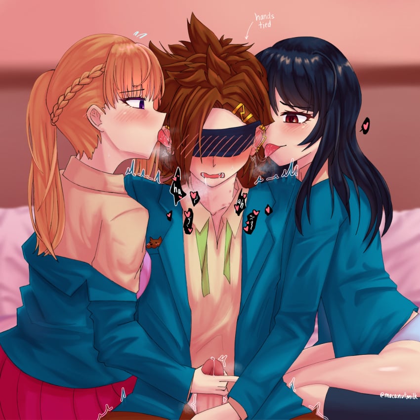 1boy 2girls artist_upload bed black_hair blindfold blush blush_lines blushing_ears breast_press breath brown_eyes brown_hair collared_shirt drooling ffm_threesome hand_on_penis handjob hands_behind_back heavy_breathing hickey highres joe_tazuna kimi_ga_shine kneehighs licking licking_ear looking_at_another moaning mocanutmilk motion_lines open_mouth orange_hair penis piercing polyamory precum purple_eyes ryoko_hirose saliva saliva_trail sandwiched sara_chidouin school_uniform sitting smirk speech_bubble thighs tongue_out trembling twitching_penis uncensored underwear