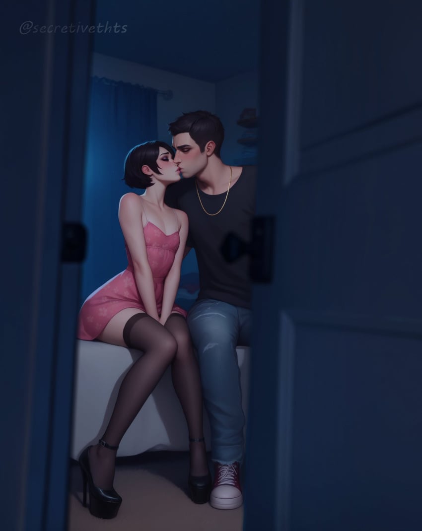 ai_generated bedroom black_hair doorway dress feminization flat_chest high_heels kissing looking_through_door maia_(caught) maia_secretivethoughts male/femboy party secretivethoughts_(artist) short_hair sissification sissy small_breasts stockings taller_male thighhighs tight_clothing