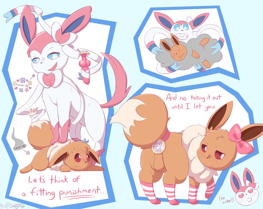 absurd_res ambiguous_gender anal anal_sex animal_genitalia balls blue_eyes blush blush_lines bow_(feature) brown_body brown_eyes brown_fur buttplug buttplug_in_ass buttplug_insertion clothed clothing comic crossdressing dialogue duo eevee eeveelution feminization feral feral_on_feral fictional_character forced forced_feminization fur generation_1_pokemon generation_6_pokemon genitals gooeythings hi_res legwear level_difference male mane nintendo object_in_ass penetration pink_body pink_fur pinned plug_(sex_toy) plug_insertion pokemon pokemon_(species) sex_toy sex_toy_in_ass sex_toy_insertion sheath signature stockings sylveon white_body white_fur white_mane