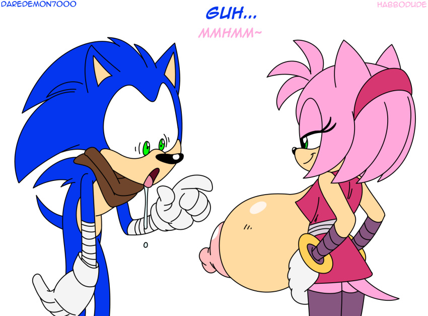 2014 amy_rose amy_rose_(boom) anthro areola big_breasts big_eyes big_head blue_fur breasts clothed clothing daredemon7000 drooling duo erect_nipples eulipotyphlan female flashing fur habbodude hedgehog huge_breasts male mammal nipples partially_clothed pink_fur saliva sonic_(series) sonic_boom sonic_the_hedgehog toony