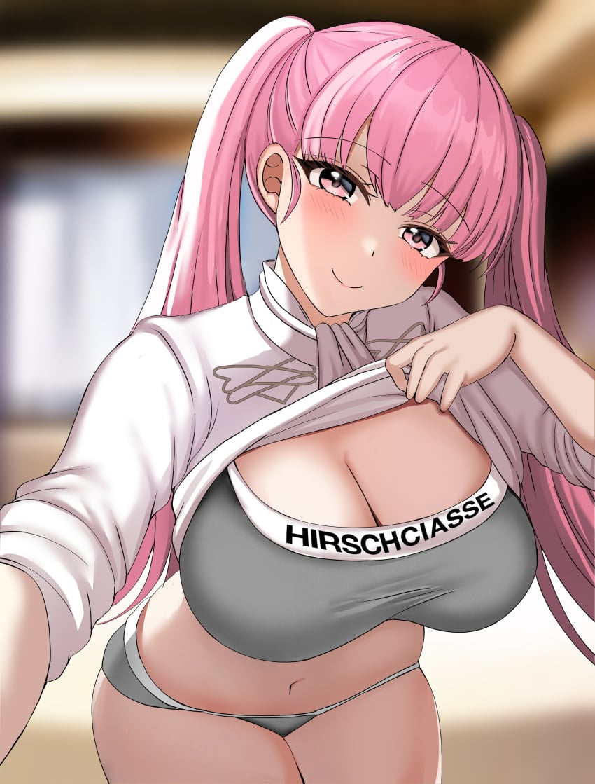 1girls absurdres blurry blurry_background blush bra breasts cleavage closed_mouth clothes_lift female female_only fire_emblem fire_emblem:_three_houses grey_bra grey_panties highres hilda_valentine_goneril large_breasts leaning_forward lifting_own_clothes long_hair long_sleeves looking_at_viewer nintendo panties pink_eyes pink_hair presenting presenting_breasts shirt shirt_lift smile solo tara_(szzj7733) turtleneck twintails underwear very_long_hair white_shirt