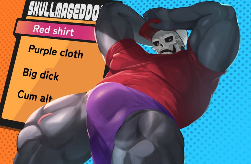 bone bulge clothing digital_drawing_(artwork) digital_media_(artwork) hat headgear headwear hi_res low-angle_view male muscular muscular_male not_hotspring shirt skull skull_head skullmageddon solo standing topwear