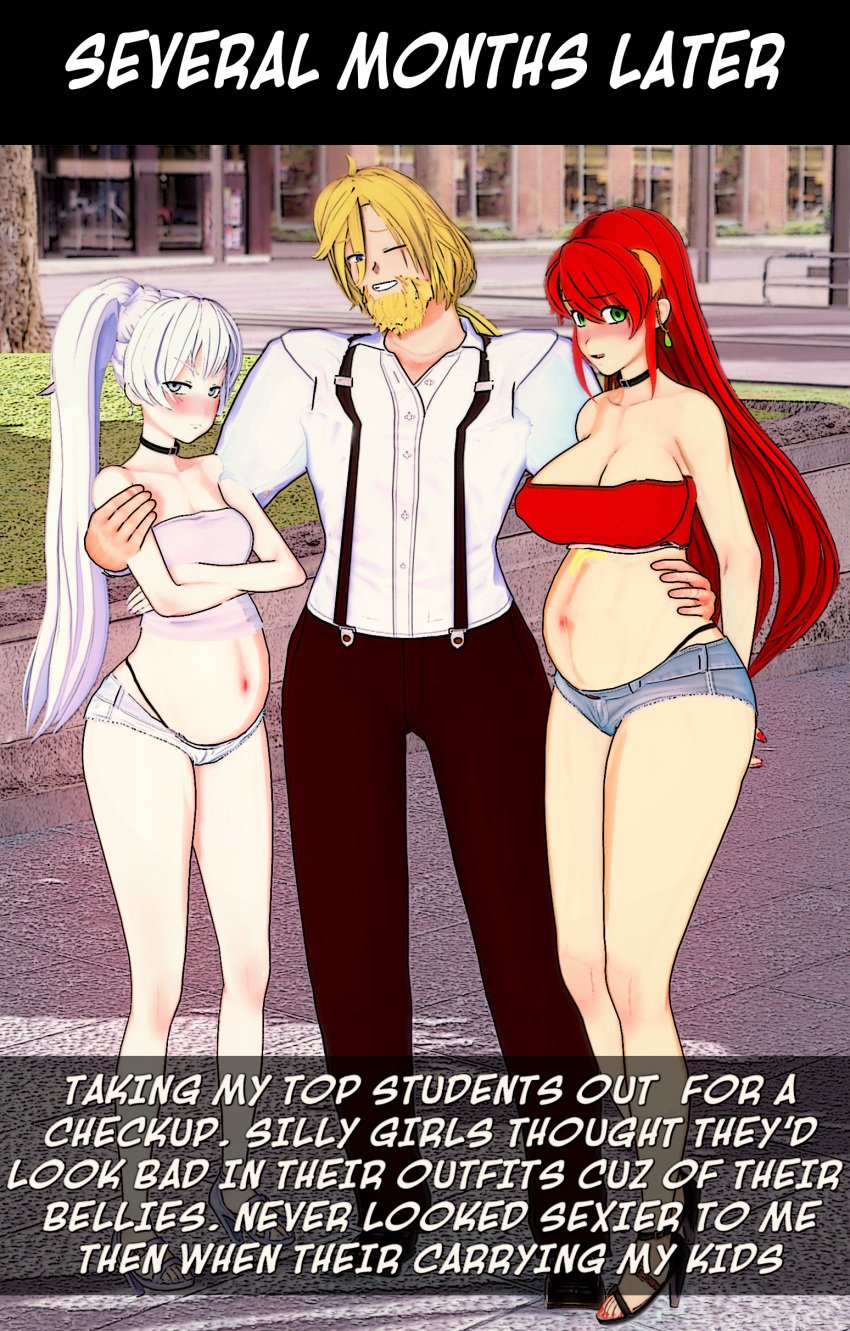 1boy 2girls 3d age_difference aged_up arc_family_crest clothed crop_top fatallyobsessed green_eyes grey_eyes hotpants jaune_arc low_quality outside pregnant professor_arc pyrrha_nikos red_hair rwby sfw tagme weiss_schnee white_hair